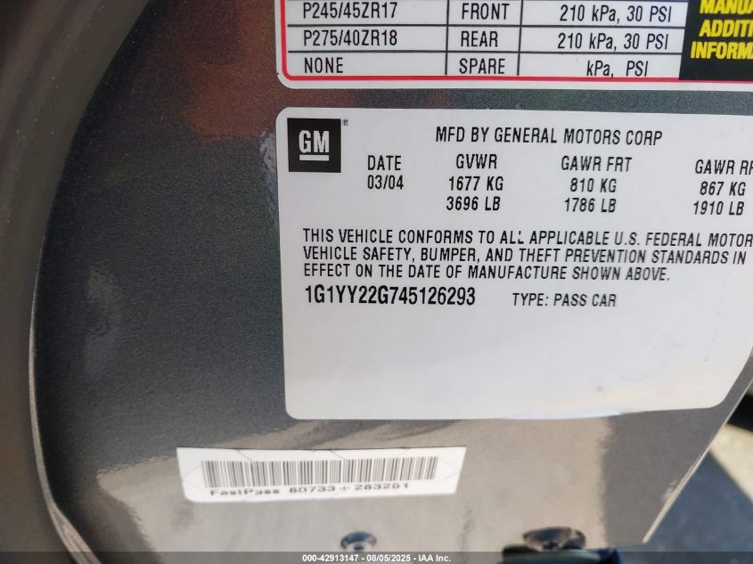 2004 Chevrolet Corvette VIN: 1G1YY22G745126293 Lot: 42913147