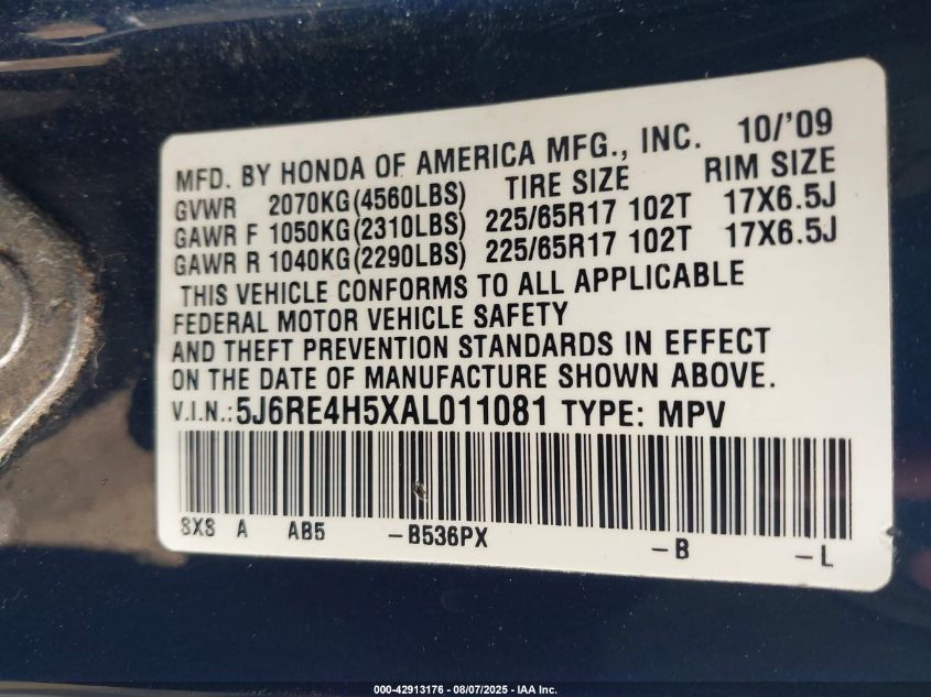 2010 Honda Cr-V Ex VIN: 5J6RE4H5XAL011081 Lot: 42913176