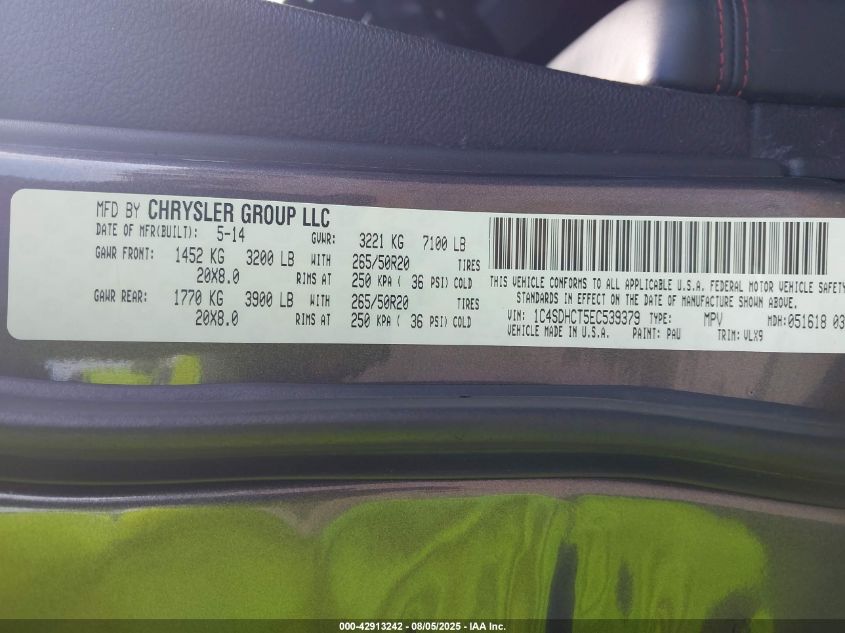 2014 Dodge Durango R/T VIN: 1C4SDHCT5EC539379 Lot: 42913242