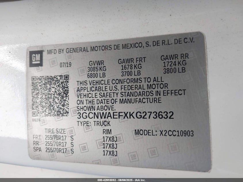 2019 CHEVROLET SILVERADO 1500 WORK TRUCK - 3GCNWAEFXKG273632