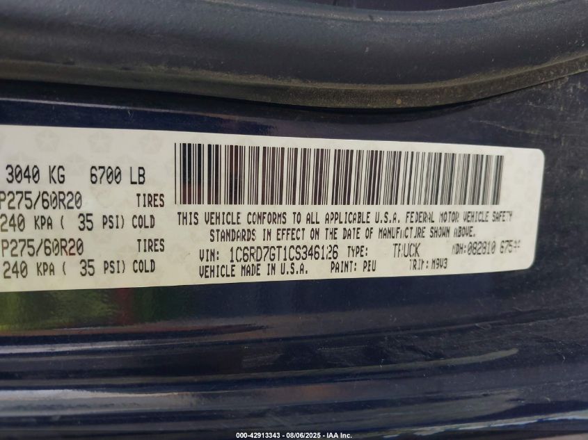 2012 Ram 1500 Slt VIN: 1C6RD7GT1CS346126 Lot: 42913343