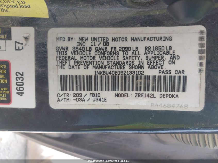 2009 Toyota Corolla Le VIN: 1NXBU40E09Z133102 Lot: 42913352