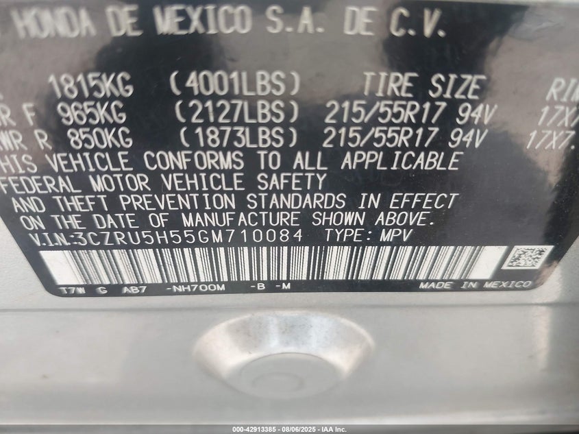 2016 HONDA HR-V EX - 3CZRU5H55GM710084