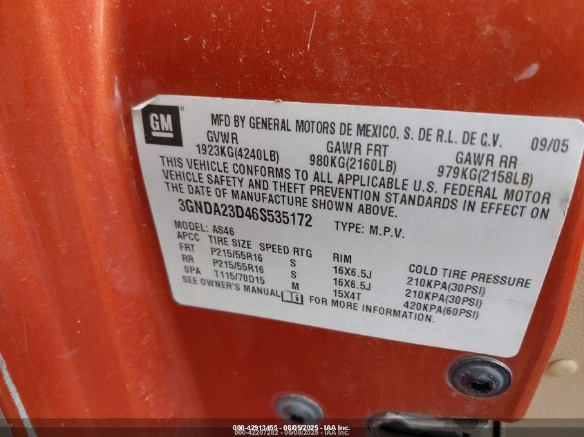 2006 Chevrolet Hhr Lt VIN: 3GNDA23D46S535172 Lot: 42913455