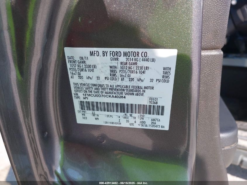 2012 Ford Escape Xlt VIN: 1FMCU0D70CKA40284 Lot: 42913482