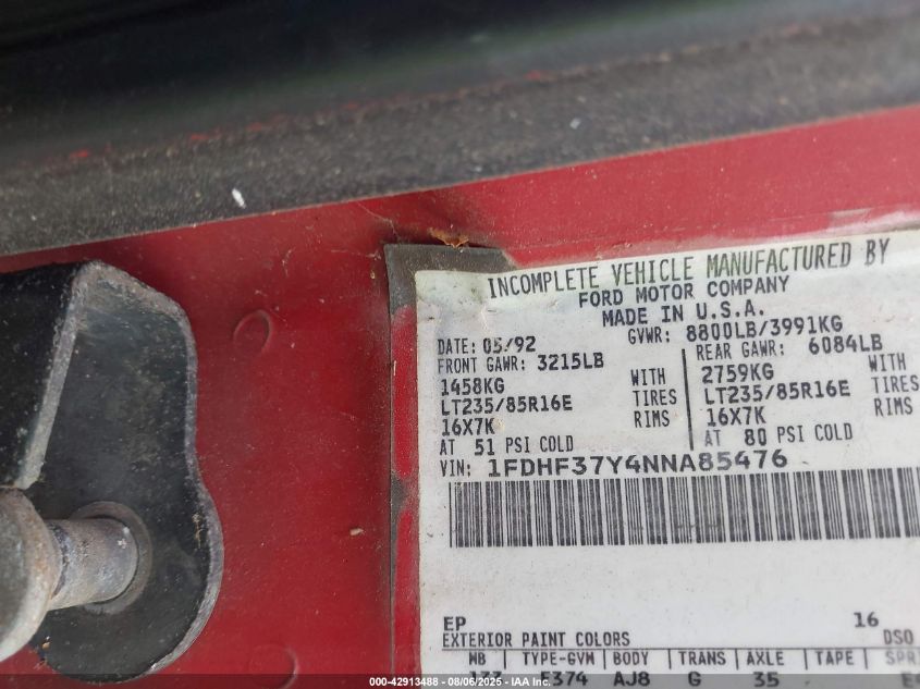 1992 Ford F350 VIN: 1FDHF37Y4NNA85476 Lot: 42913488