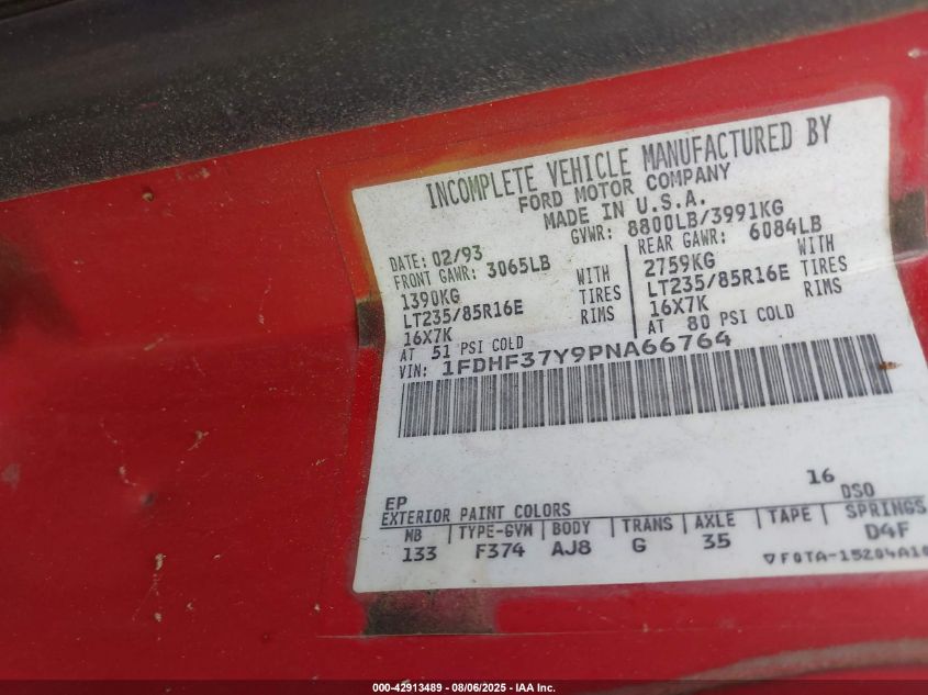 1993 Ford F350 VIN: 1FDHF37Y9PNA66764 Lot: 42913489
