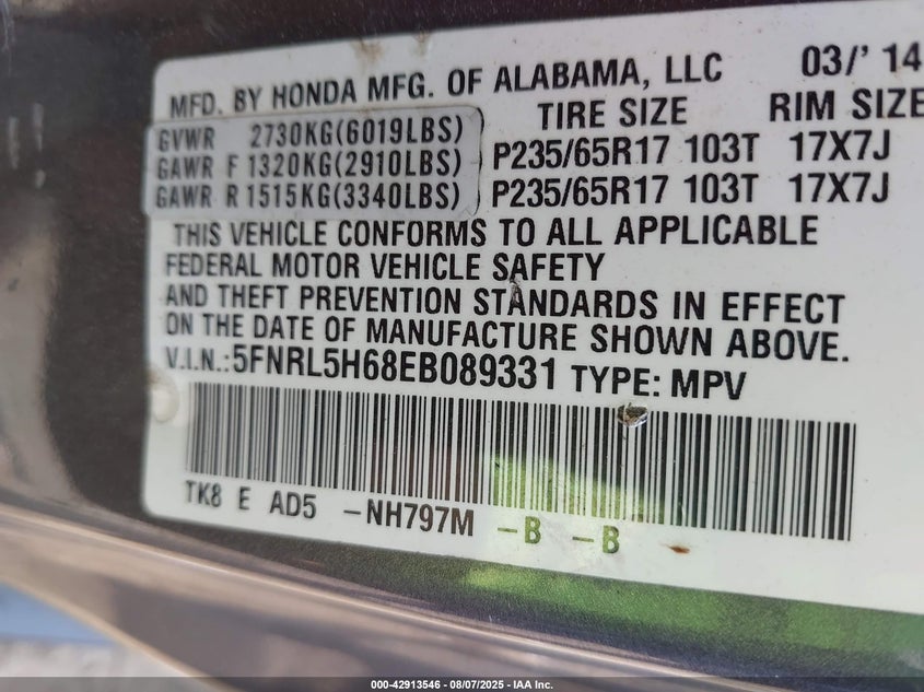 2014 Honda Odyssey Ex-L VIN: 5FNRL5H68EB089331 Lot: 42913546