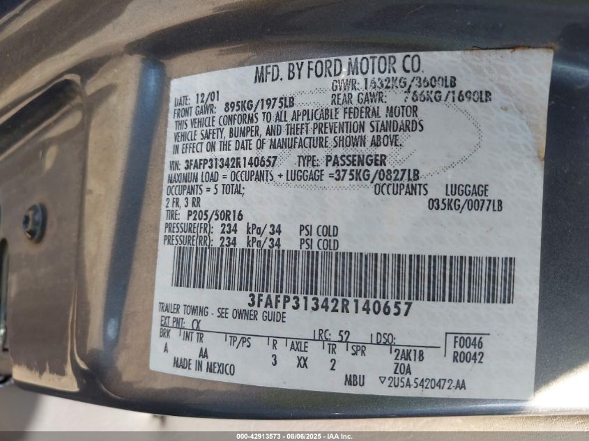 2002 Ford Focus Zx3 VIN: 3FAFP31342R140657 Lot: 42913573