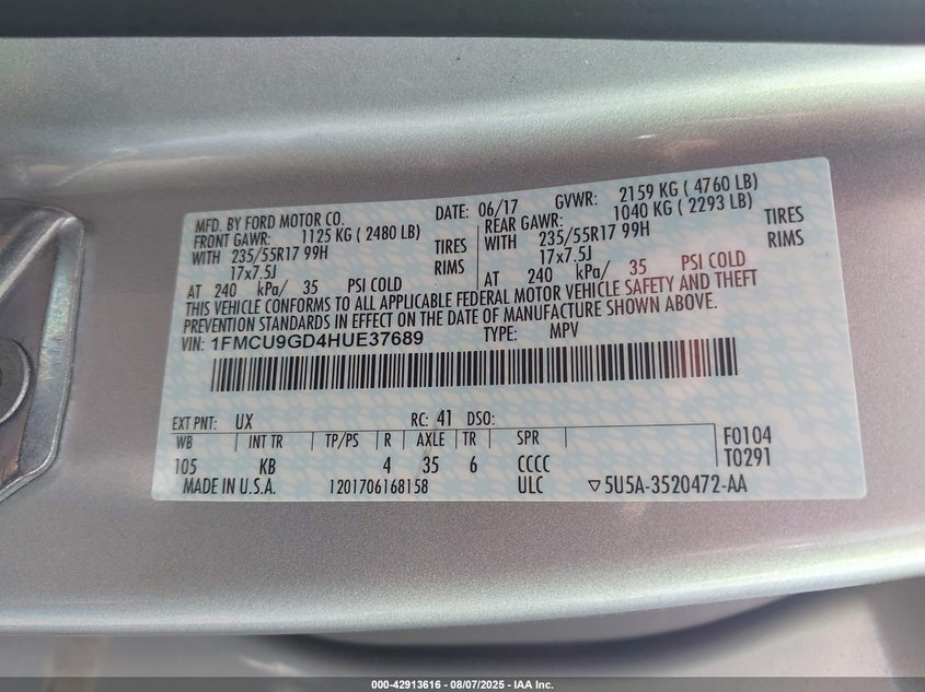 2017 FORD ESCAPE SE - 1FMCU9GD4HUE37689