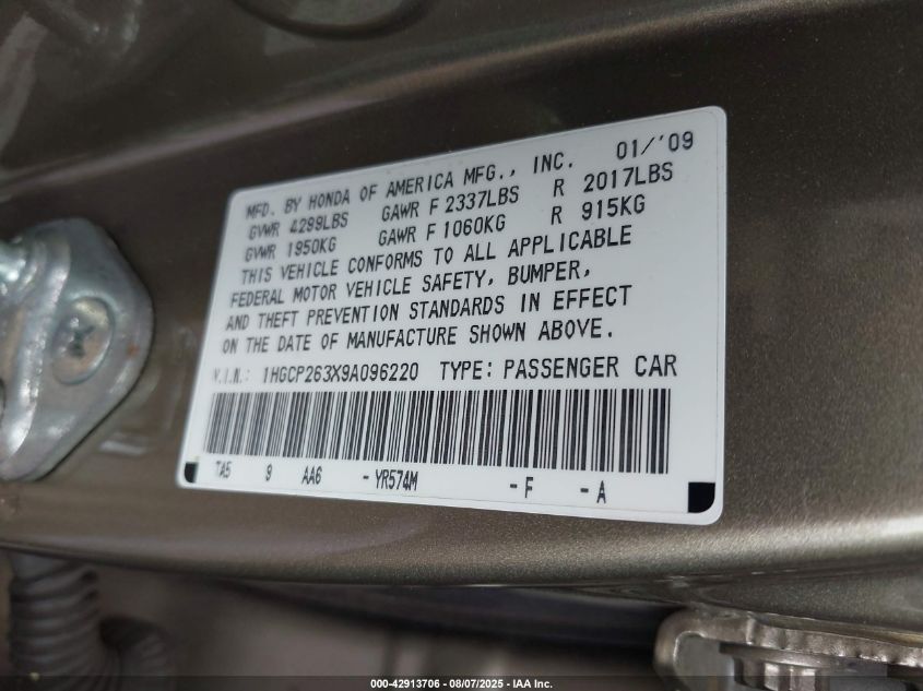 2009 Honda Accord 2.4 Lx VIN: 1HGCP263X9A096220 Lot: 42913706