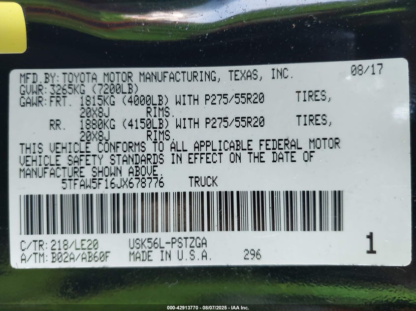 2018 TOYOTA TUNDRA PLATINUM 5.7L V8 - 5TFAW5F16JX678776