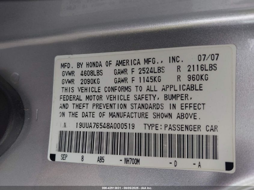 2008 Acura Tl Type S VIN: 19UUA76548A000519 Lot: 42913831