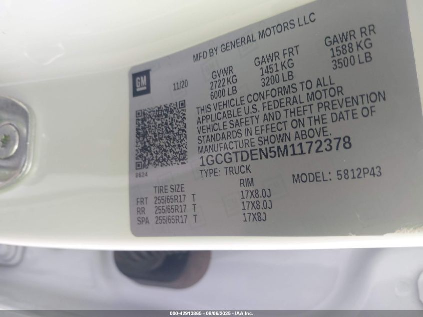 2021 Chevrolet Colorado 4Wd Short Box Z71 VIN: 1GCGTDEN5M1172378 Lot: 42913865
