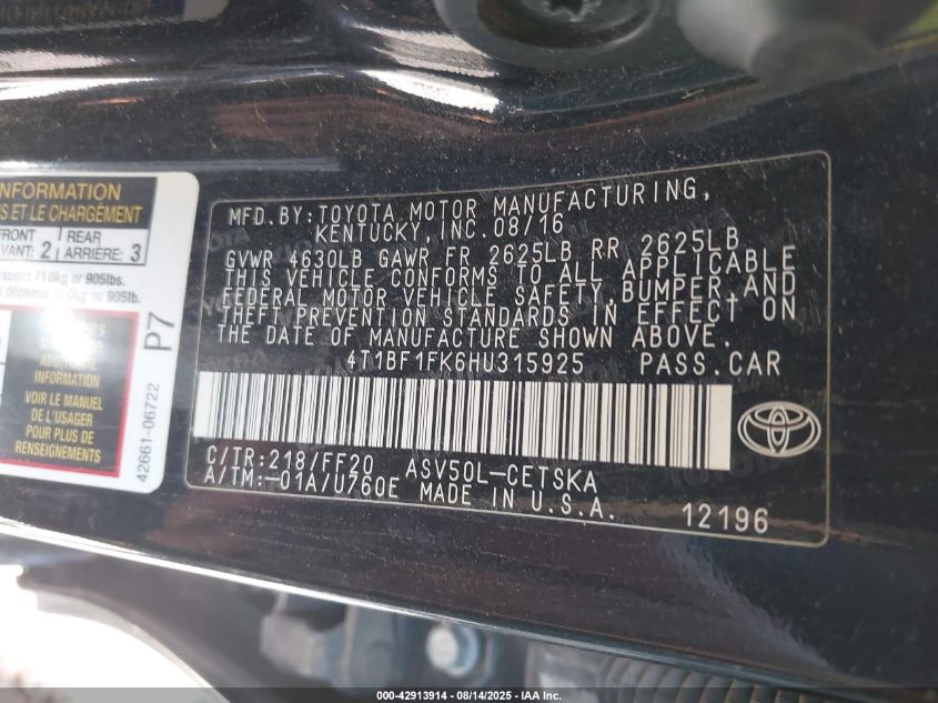 2017 Toyota Camry Se VIN: 4T1BF1FK6HU315925 Lot: 42913914