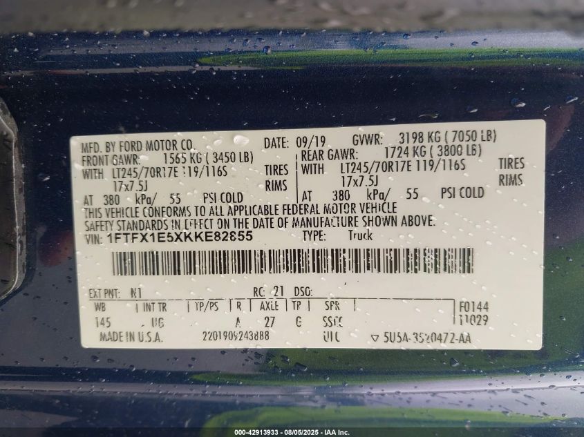 2019 Ford F-150 Xlt VIN: 1FTFX1E5XKKE82855 Lot: 42913933