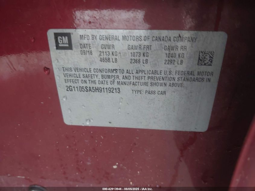 2017 Chevrolet Impala 1Lt VIN: 2G1105SA5H9119213 Lot: 42913946