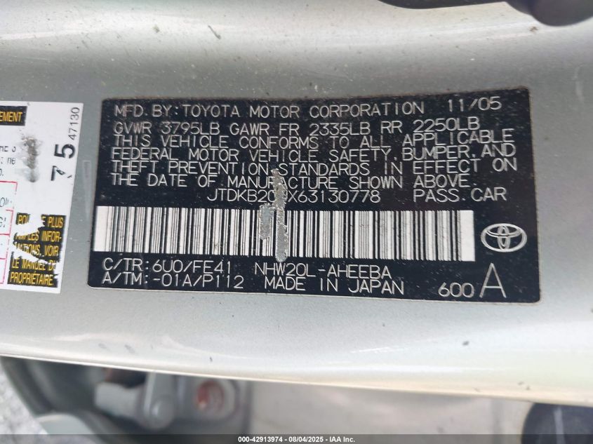 2006 Toyota Prius VIN: JTDKB20UX63130778 Lot: 42913974