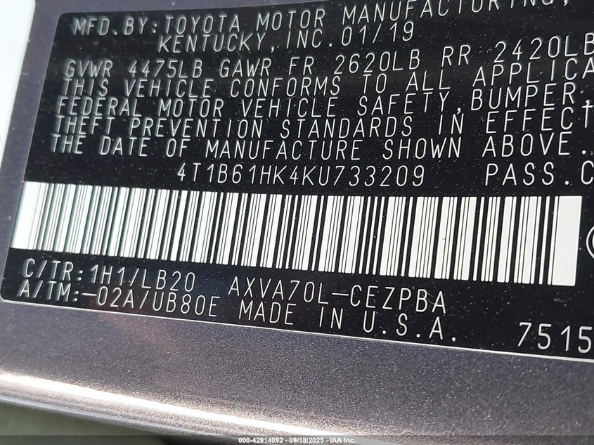 2019 TOYOTA CAMRY XSE 4T1B61HK4KU733209