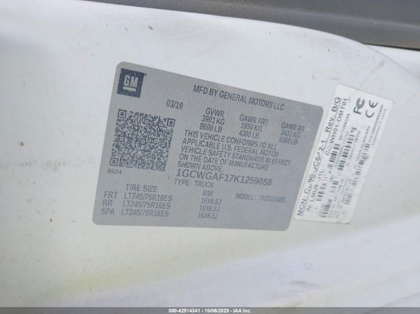 2019 Chevrolet Express 2500 Work Van VIN: 1GCWGAF17K1259058 Lot: 42914341