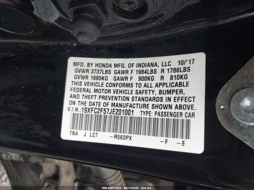 2018 Honda Civic Lx VIN: 19XFC2F57JE201001 Lot: 42914354
