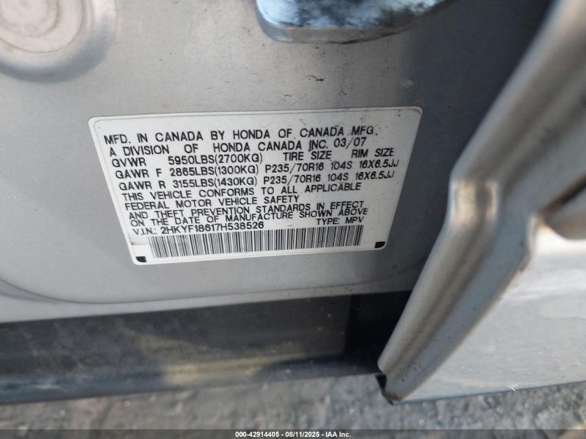 2007 Honda Pilot Ex-L VIN: 2HKYF18617H538526 Lot: 42914405