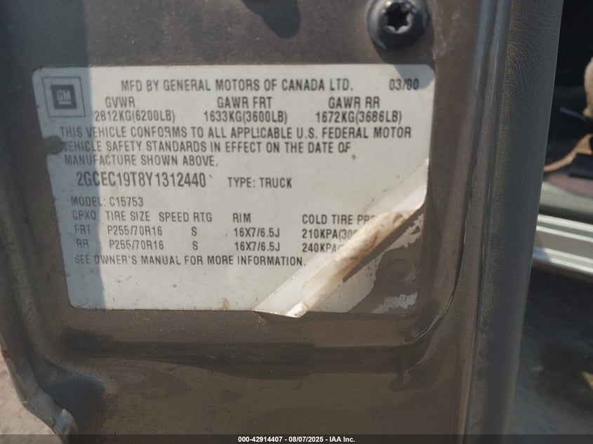 2000 Chevrolet Silverado 1500 Ls VIN: 2GCEC19T8Y1312440 Lot: 42914407