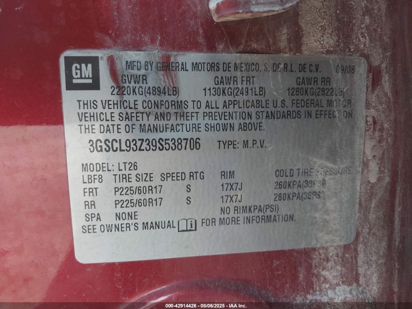 2009 Saturn Vue Hybrid 4-Cyl Base VIN: 3GSCL93Z39S538706 Lot: 42914426