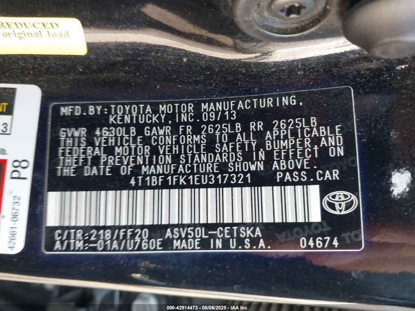 2014 Toyota Camry Se Sport VIN: 4T1BF1FK1EU317321 Lot: 42914473