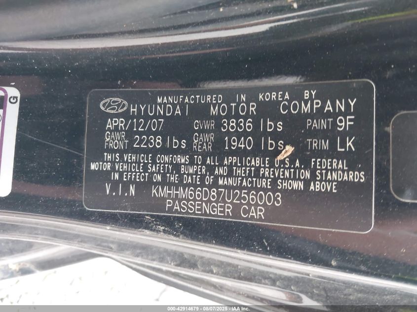 2007 Hyundai Tiburon Gs VIN: KMHHM66D87U256003 Lot: 42914679