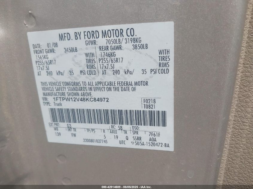 2008 Ford F-150 60Th Anniversary/Fx2/King Ranch/Lariat/Xlt VIN: 1FTPW12V58FB55129 Lot: 42914689