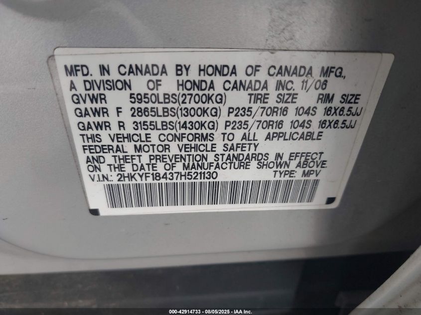 2007 Honda Pilot Ex VIN: 2HKYF18437H521130 Lot: 42914733