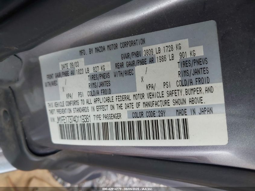 2004 Mazda Rx-8 6 Speed Manual VIN: JM1FE173740119381 Lot: 42914779
