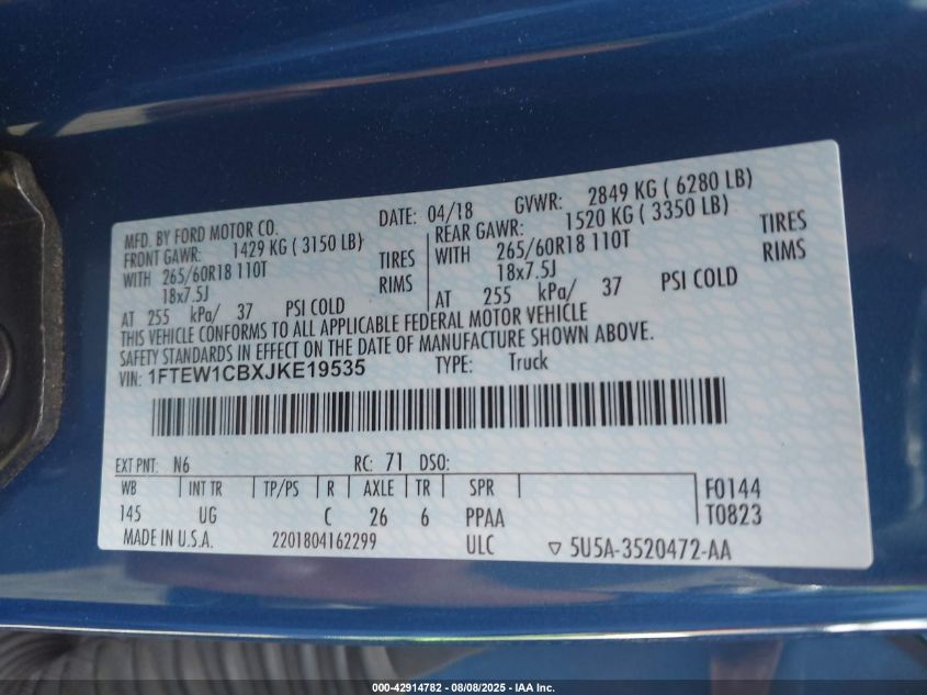 2018 Ford F-150 Xlt VIN: 1FTEW1CBXJKE19535 Lot: 42914782