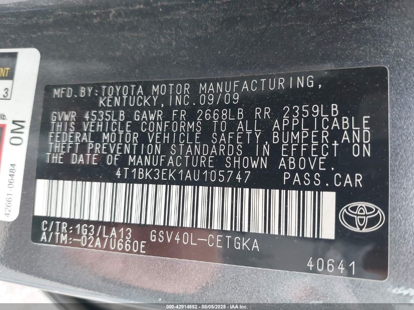 2010 Toyota Camry Xle V6 VIN: 4T1BK3EK1AU105747 Lot: 42914852