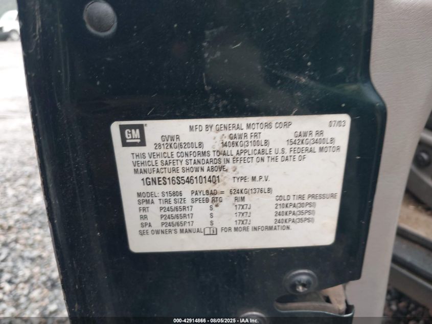 2004 Chevrolet Trailblazer Ext Ls VIN: 1GNES16S546101401 Lot: 42914866