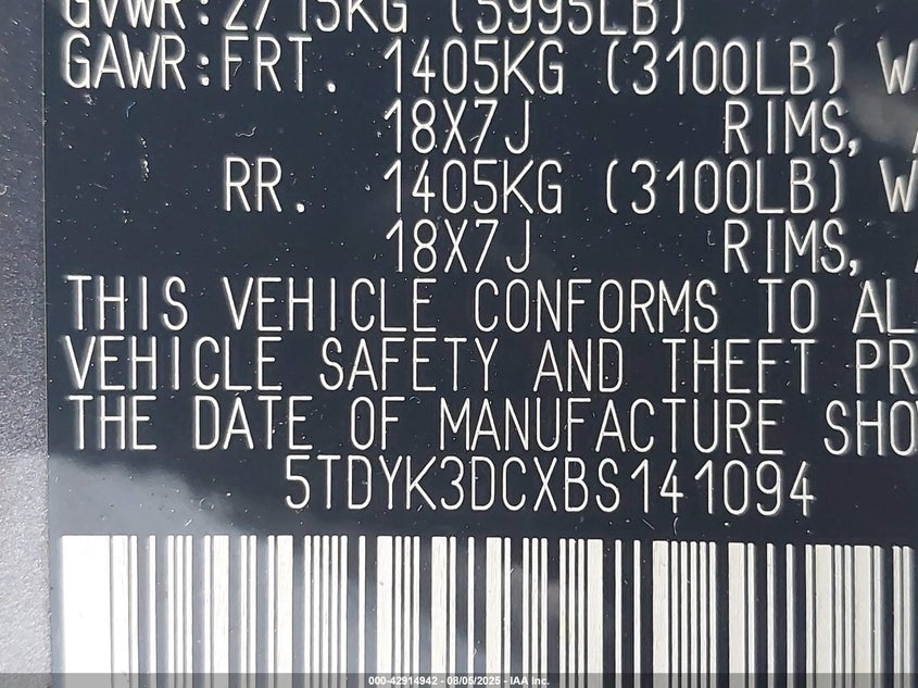 2011 Toyota Sienna Limited V6 VIN: 5TDYK3DCXBS141094 Lot: 42914942