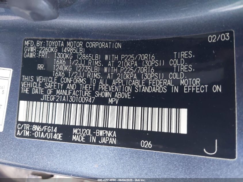 2003 Toyota Highlander V6 VIN: JTEGF21A130100947 Lot: 42914990