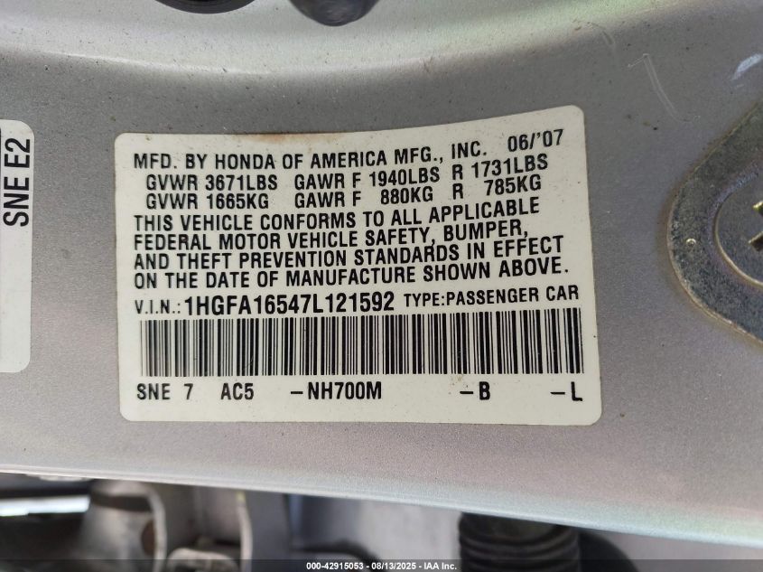 2007 Honda Civic Lx VIN: 1HGFA16547L121592 Lot: 42915053