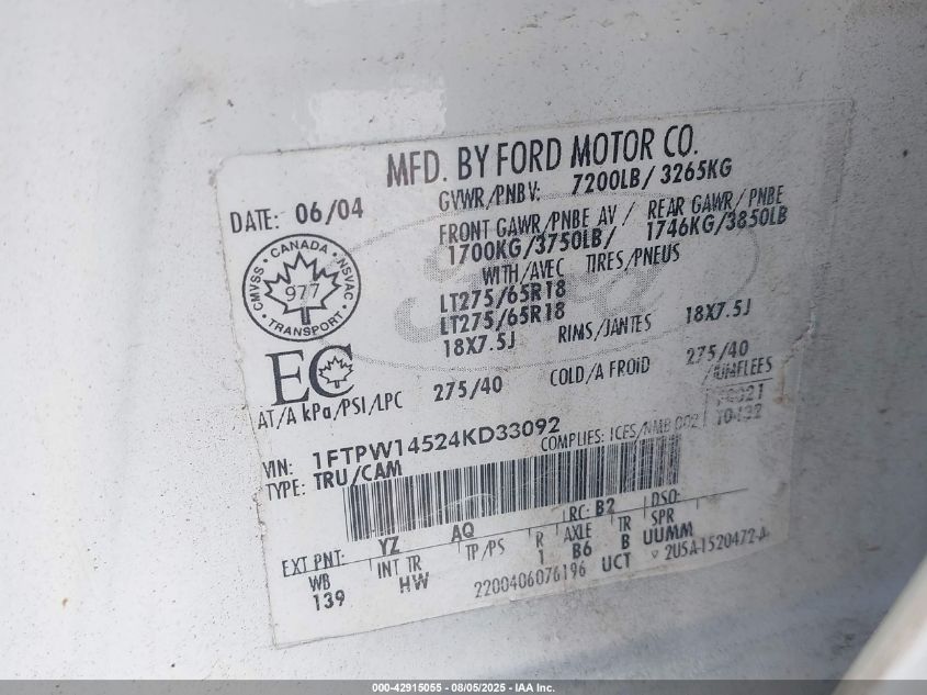 2004 Ford F-150 Fx4/Lariat/Xlt VIN: 1FTPW14524KD33092 Lot: 42915055