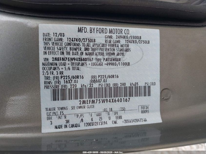 2004 Mercury Grand Marquis Ls VIN: 2MEFM75W94X640167 Lot: 42915059