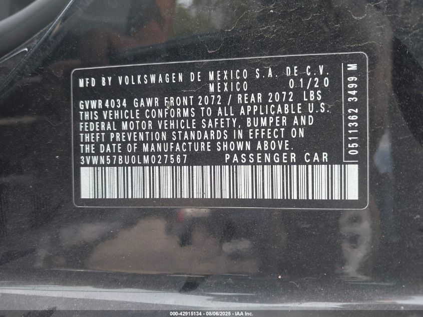 2020 Volkswagen Jetta 1.4T R-Line/1.4T S VIN: 3VWN57BU0LM027567 Lot: 42915134