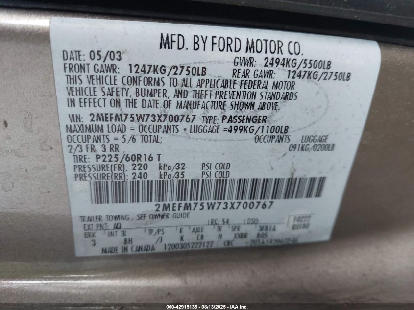 2003 Mercury Grand Marquis Ls VIN: 2MEFM75W73X700767 Lot: 42915135