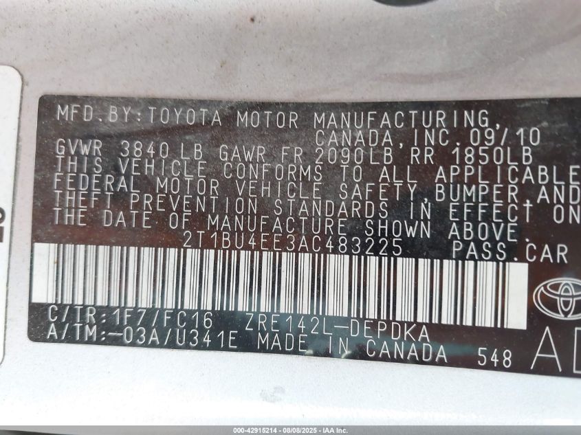 2010 Toyota Corolla Le VIN: 2T1BU4EE3AC483225 Lot: 42915214