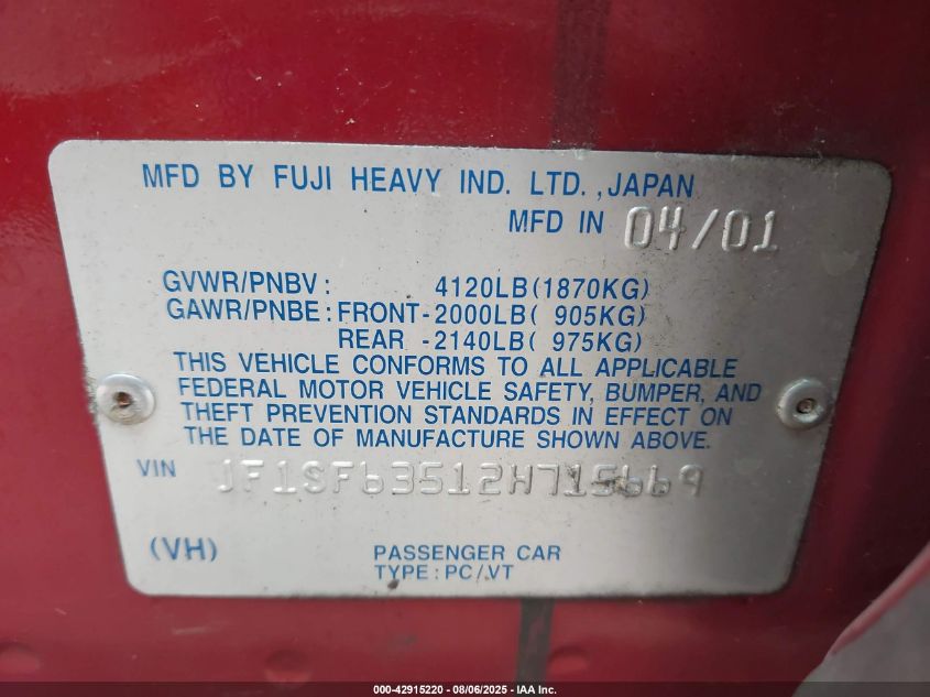 2002 Subaru Forester L VIN: JF1SF63512H715669 Lot: 42915220