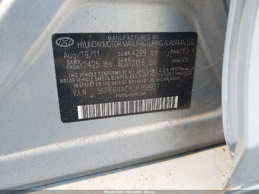 2012 Hyundai Sonata Gls VIN: 5NPEB4AC8CH359927 Lot: 42915322