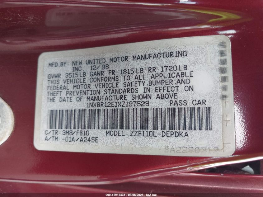 1999 Toyota Corolla Ce VIN: 1NXBR12E1XZ197529 Lot: 42915431