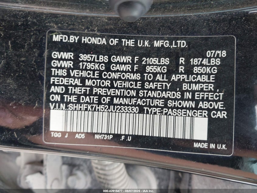 2018 HONDA CIVIC EX SHHFK7H52JU233330