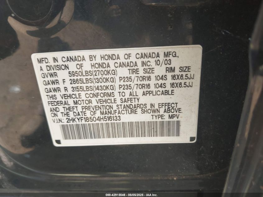 2004 Honda Pilot Ex-L VIN: 2HKYF18504H516133 Lot: 42915546