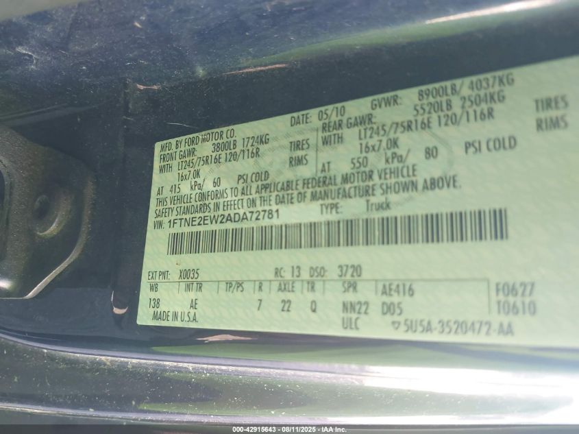 2010 Ford E-250 Commercial/Recreational VIN: 1FTNE2EW2ADA72781 Lot: 42915643